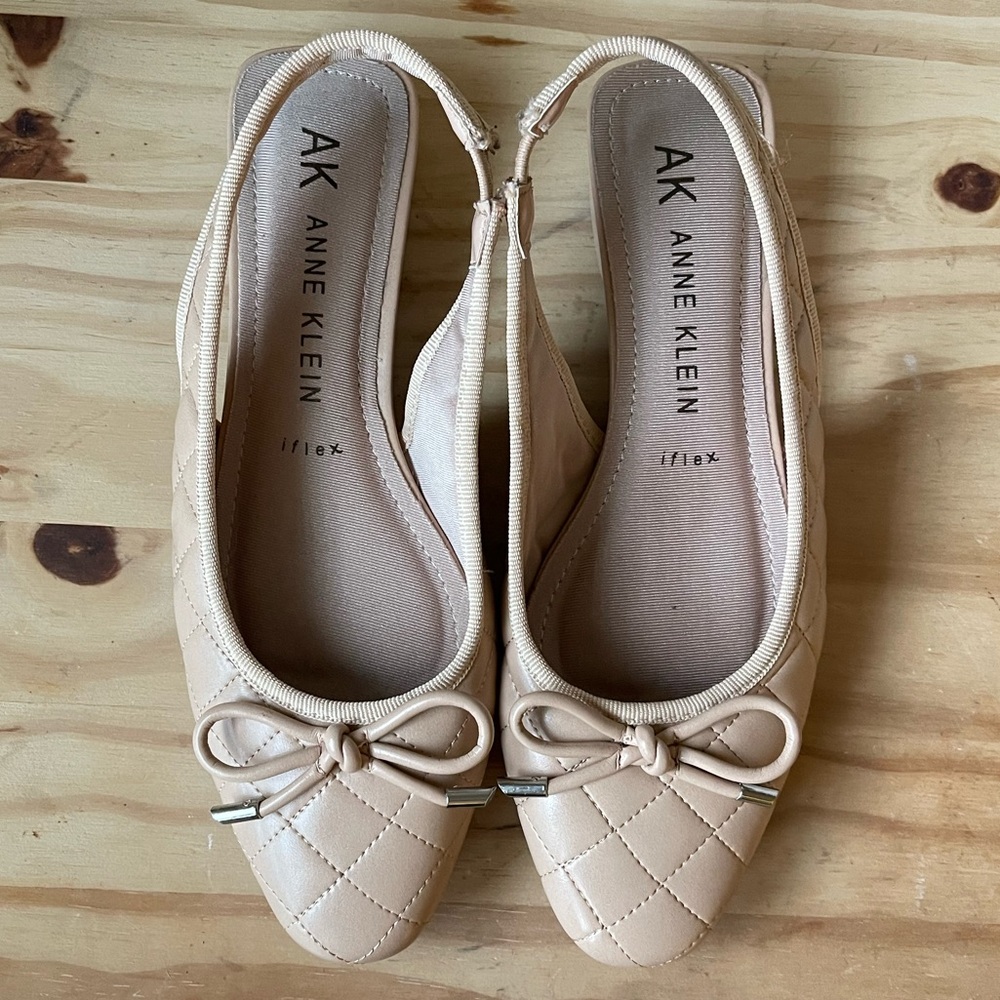 Anne Klein Beige Quilted Flats with Bow